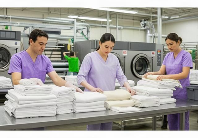 Commercial laundry team sorting folded restaurant linens and white towels in a bright Santa Ana facility