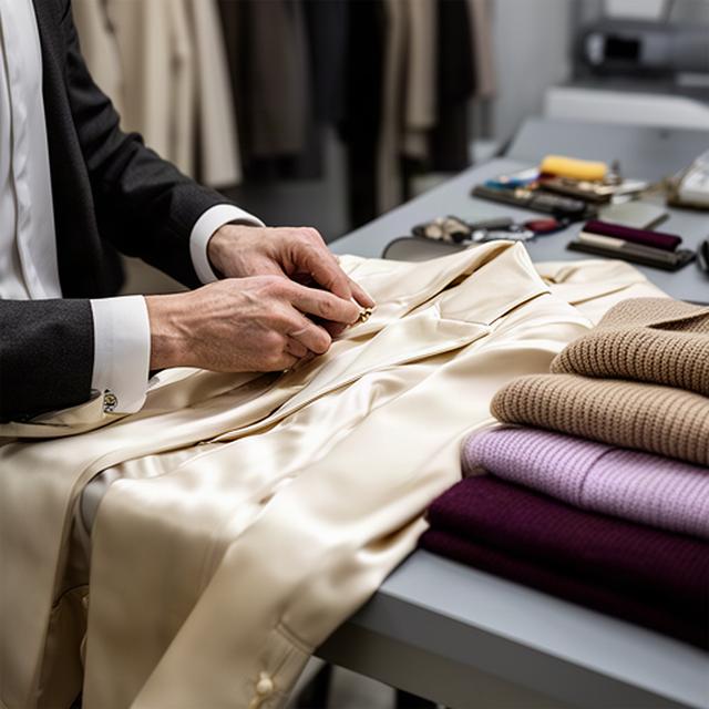 Textile specialist hand-inspecting a silk designer jacket beside folded cashmere in a Santa Ana garment care studio