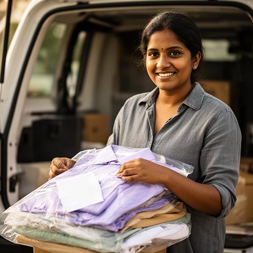 Lacra Mavillapalli, lead driver, preparing a neatly packed garment delivery in Santa Ana