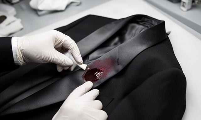 Black tuxedo lapel receiving careful red wine stain treatment on a clean worktable
