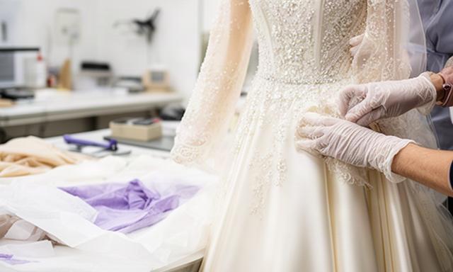 Ivory wedding gown being prepared for archival cleaning in a bright Santa Ana garment studio
